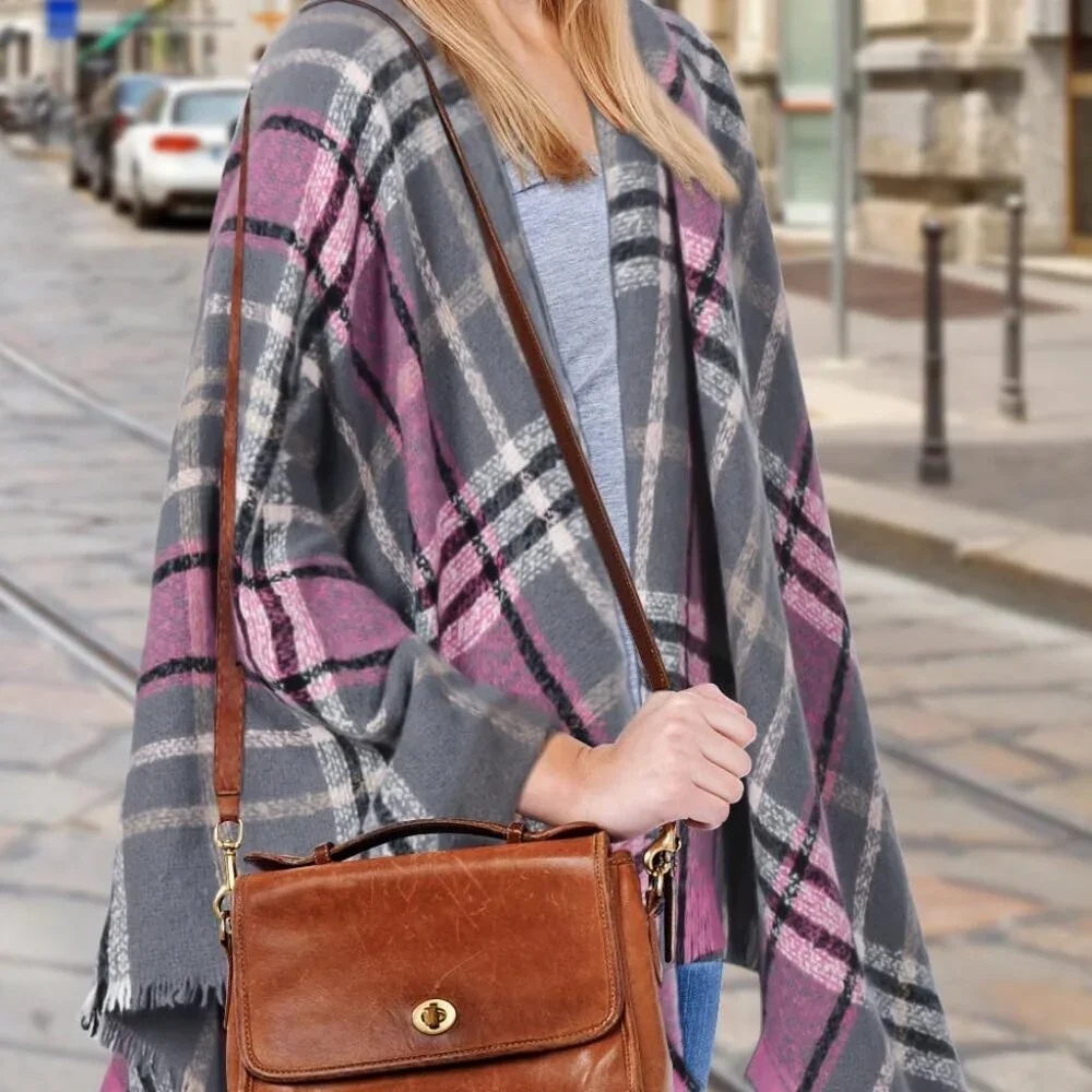 Women's Boho Open Front Poncho Knitted Plaid Shawl Wrap Cape Tassel Cardigan Swe